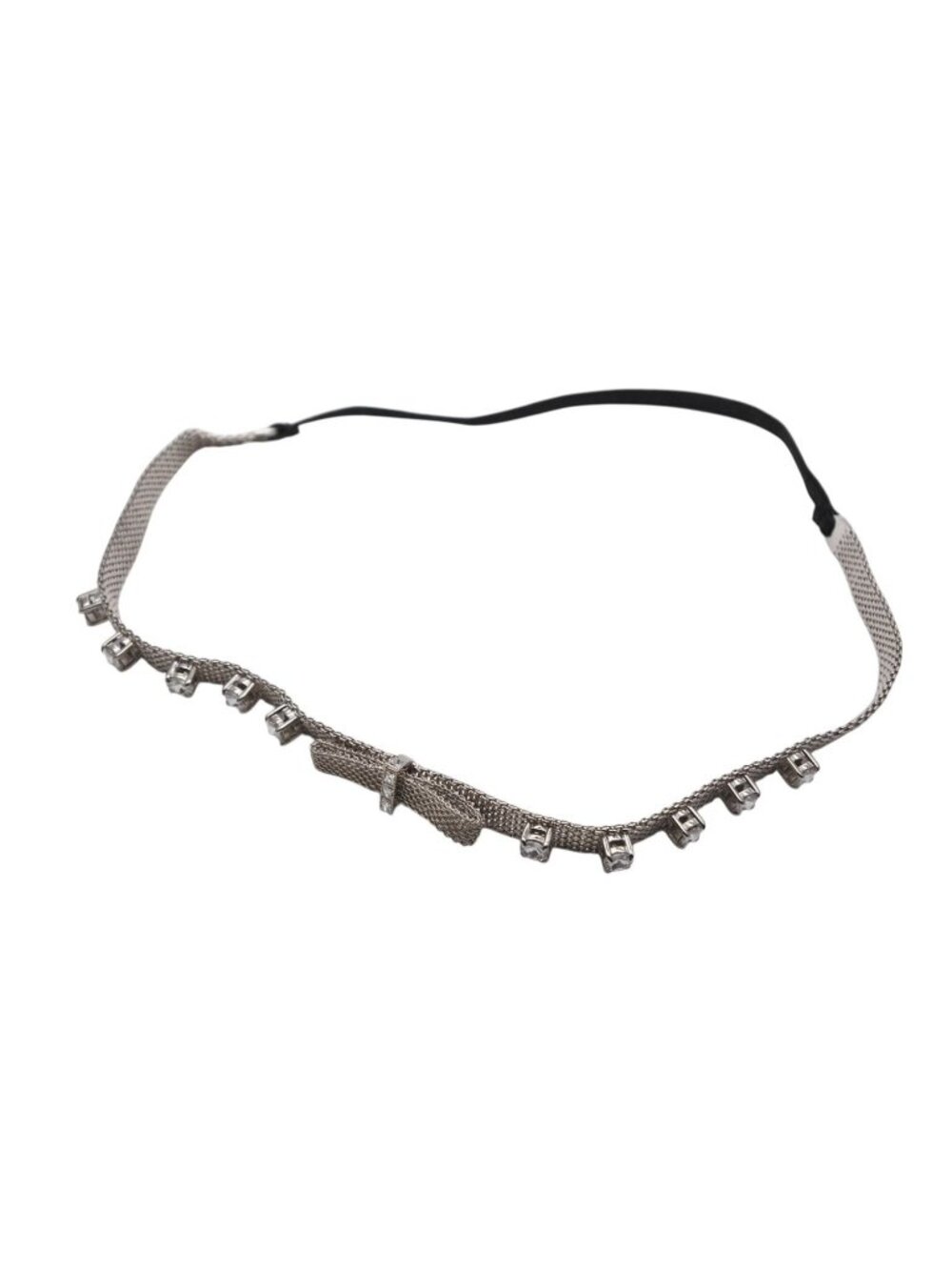 Miu Miu Choker Necklace Ribbon Rhinestone Metal Silver Black